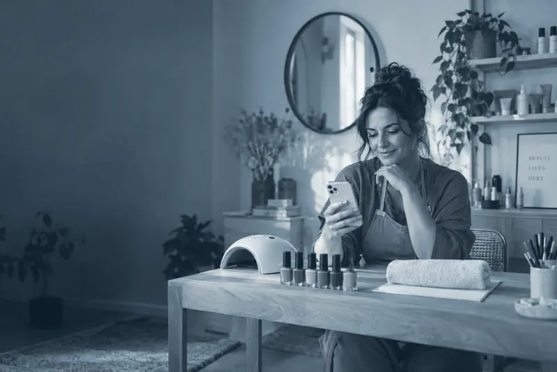 Profesional de manicura mirando sus citas en el móvil